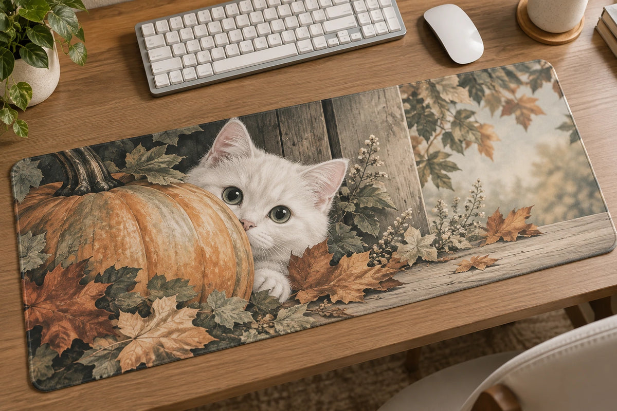 White Cat Pumpkin Hideaway Desk Mat with printed dimensional artwork