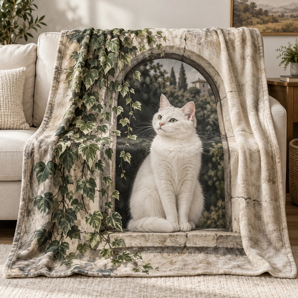White Cat Window Garden Fleece Blanket with printed dimensional artwork