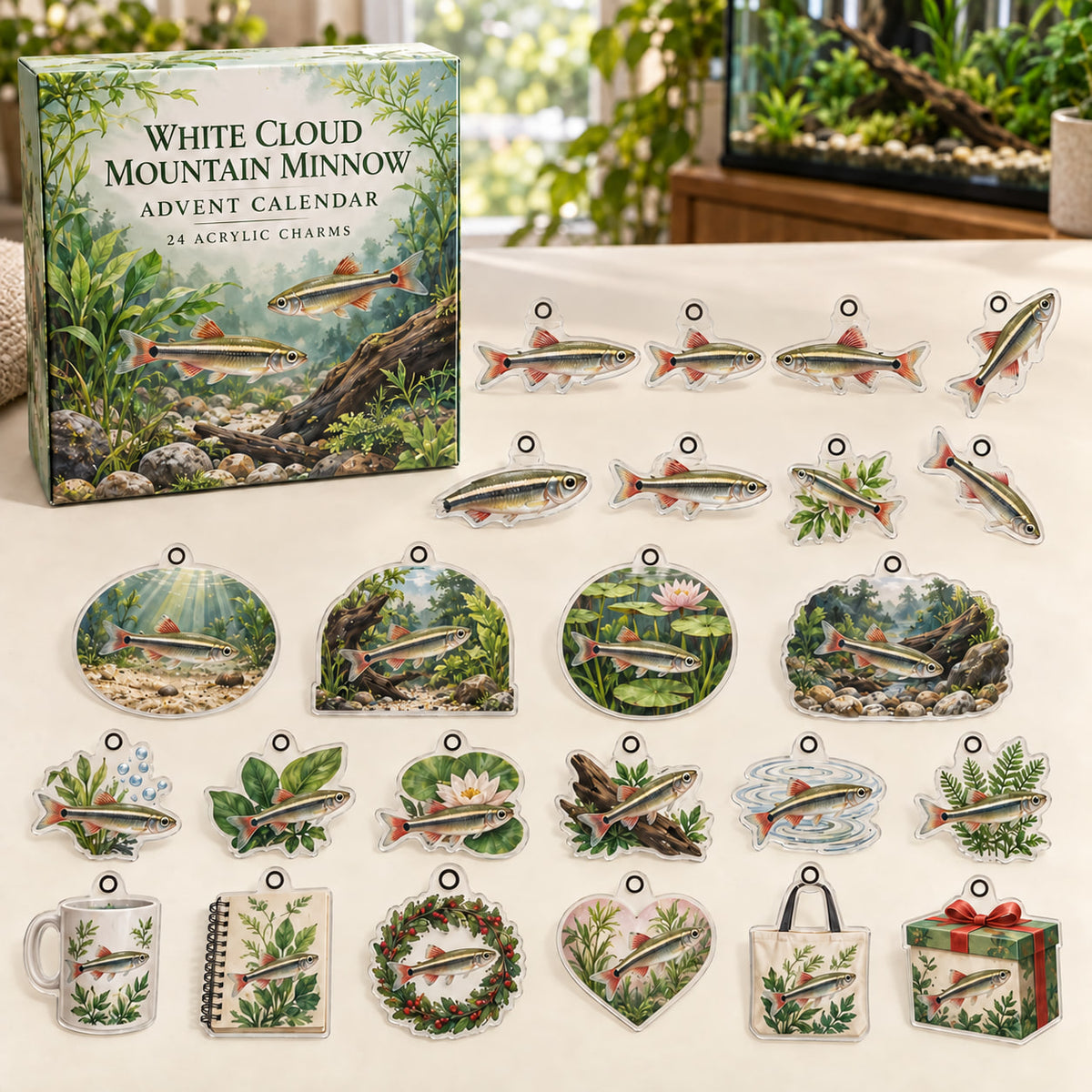 White Cloud Mountain Minnow advent calendar box with 24 themed flat printed acrylic charms