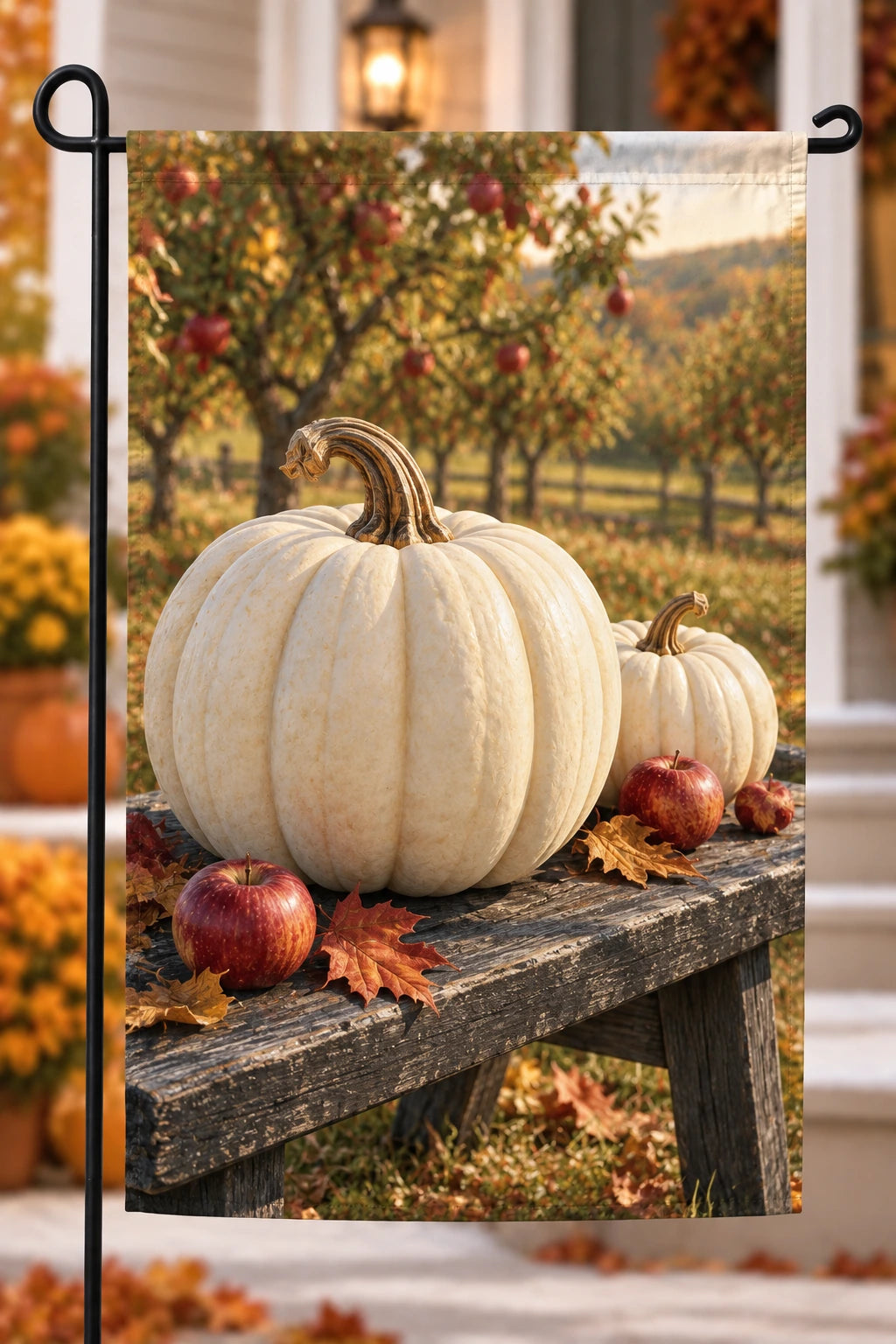 White Pumpkin Orchard Bench Garden Flag with printed ivory ribs and harvest-bench depth