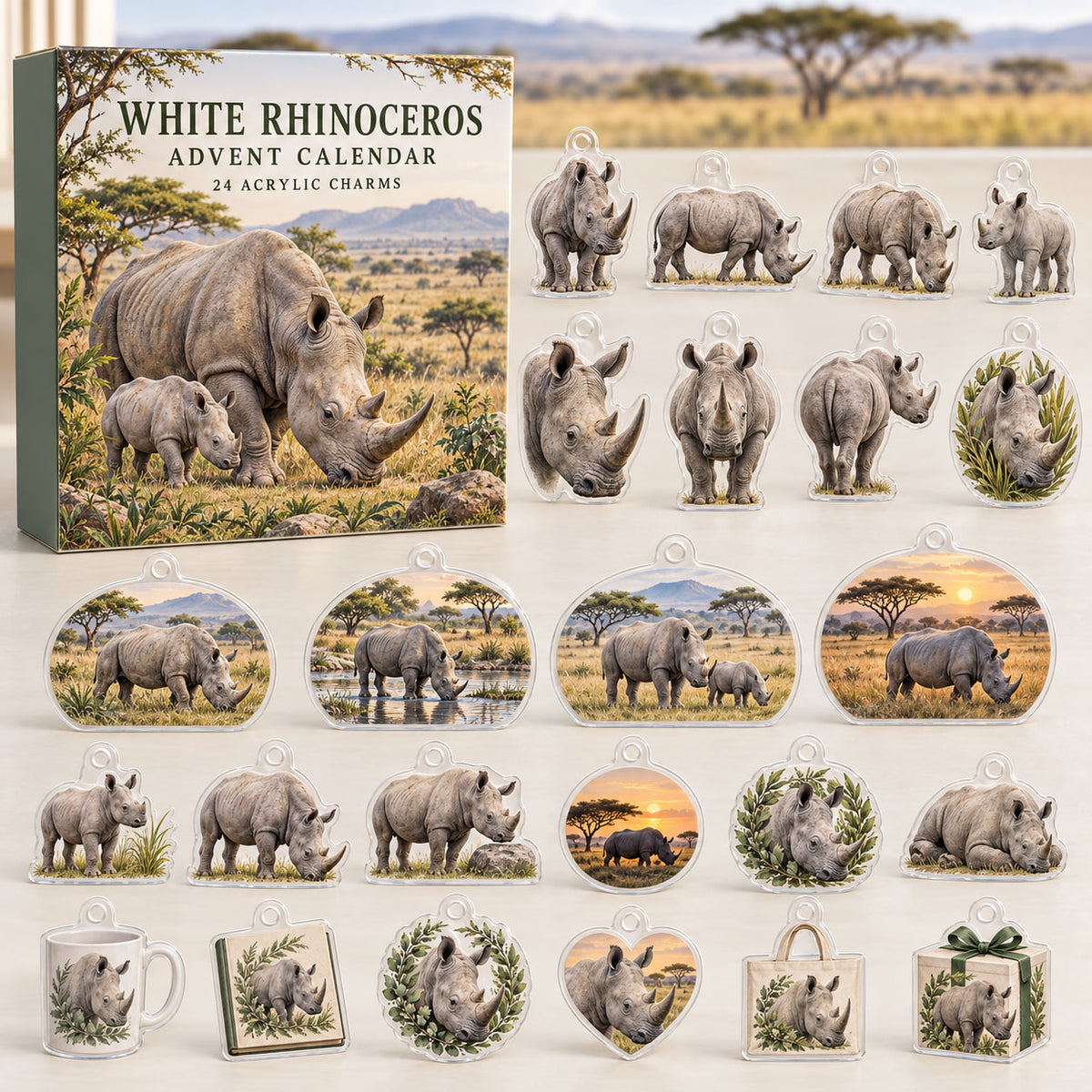White Rhinoceros advent calendar box with 24 themed flat printed acrylic charms