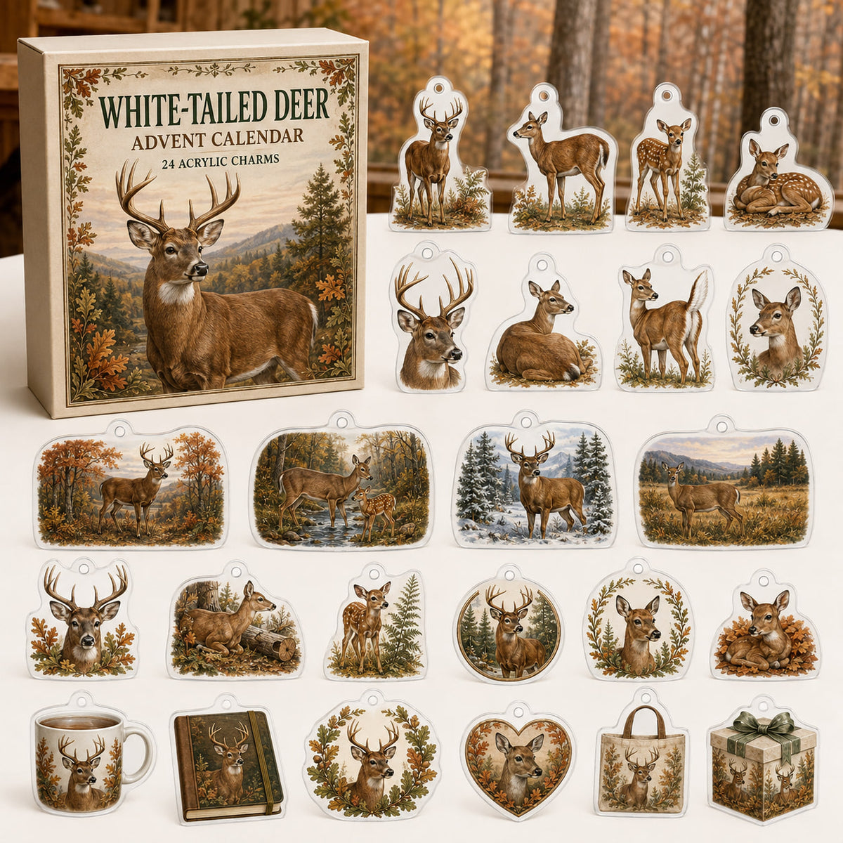 White-Tailed Deer advent calendar box with 24 themed flat printed acrylic charms
