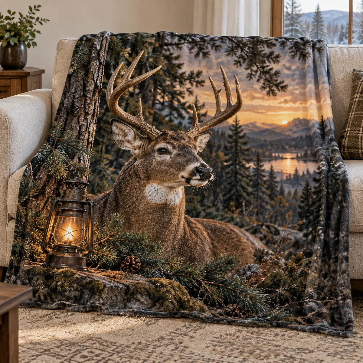 White-tailed Deer Evergreen Lantern Fleece Blanket with printed dimensional artwork