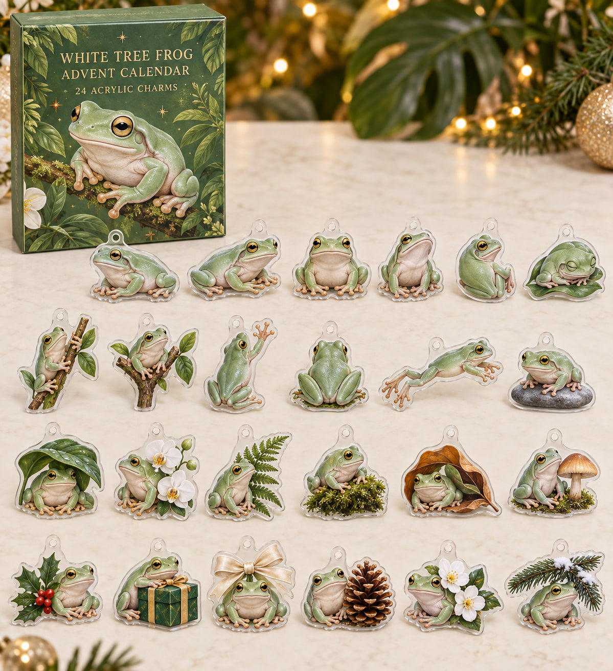White Tree Frog advent calendar with 24 custom-shaped flat acrylic charms and printed dimensional artwork