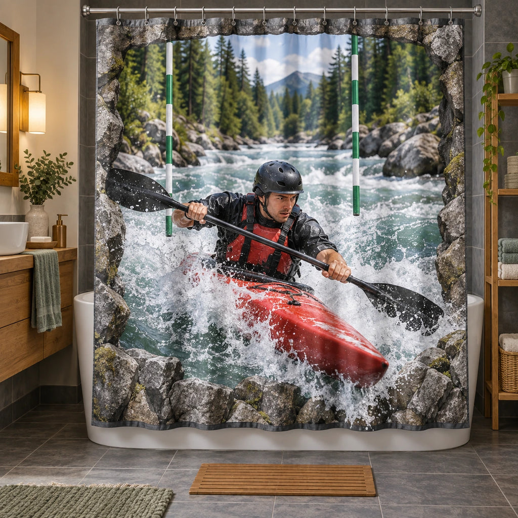 Whitewater Slalom Rapids Shower Curtain with original printed optical 3D artwork