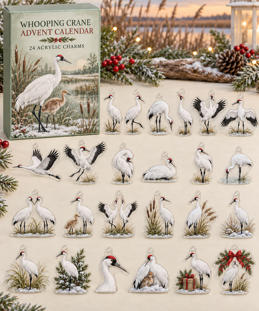 Whooping Crane advent calendar with 24 custom-shaped flat acrylic charms and printed dimensional artwork