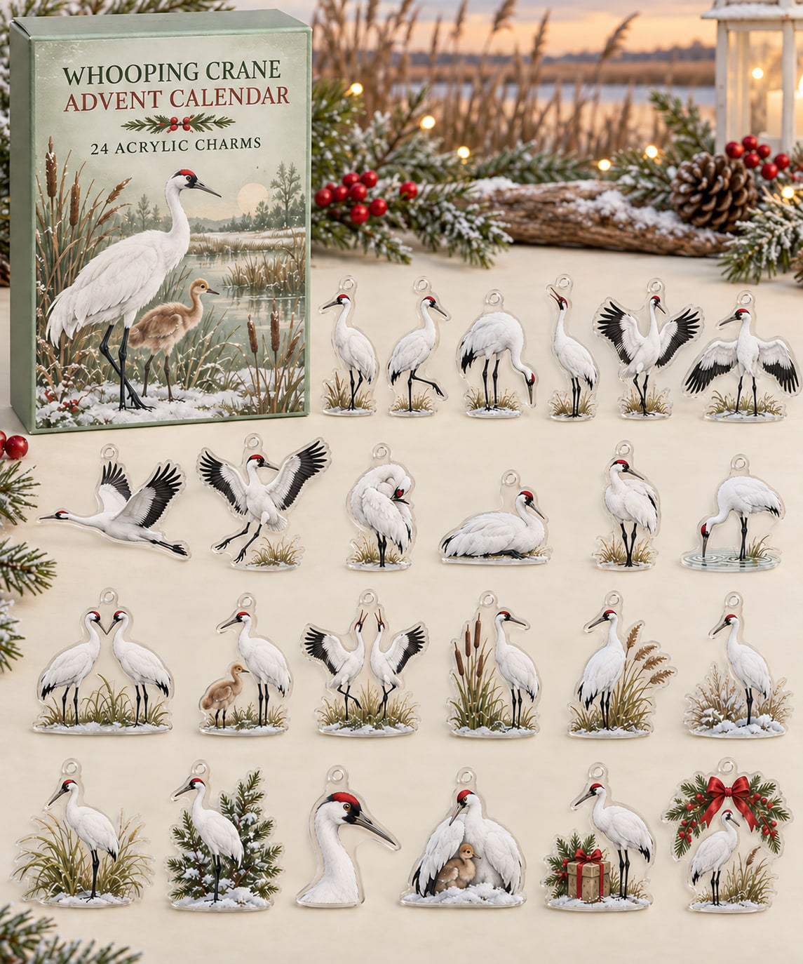 Whooping Crane advent calendar with 24 custom-shaped flat acrylic charms and printed dimensional artwork