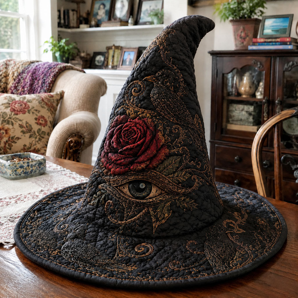 Widow's Garden quilted witch hat, all-over print on cone and brim