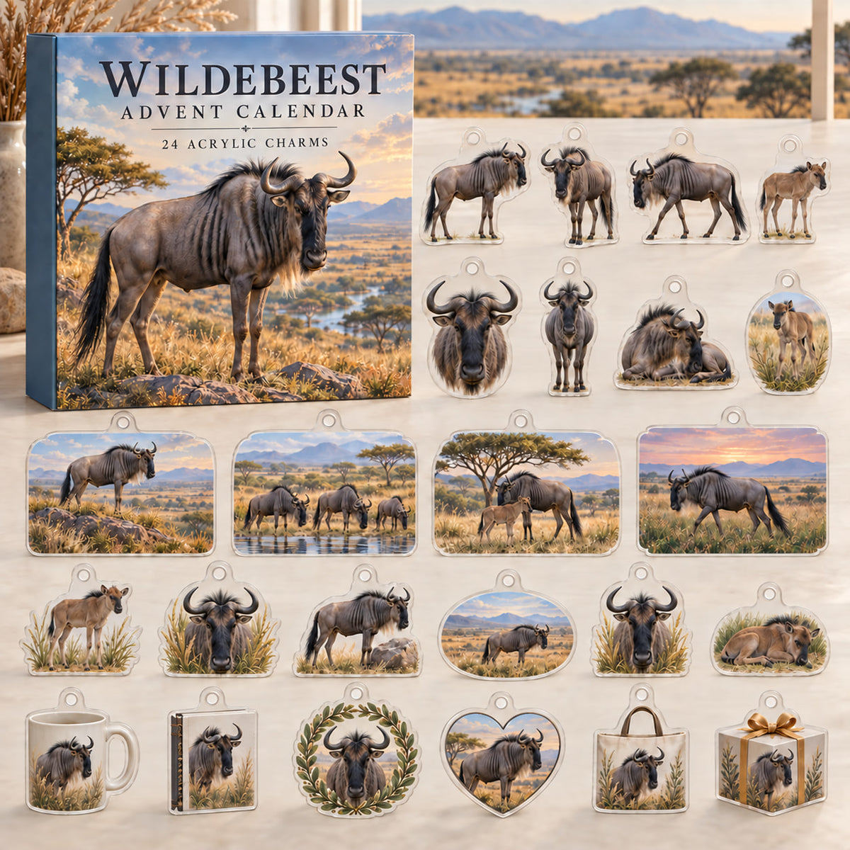 Wildebeest advent calendar box with 24 themed flat printed acrylic charms
