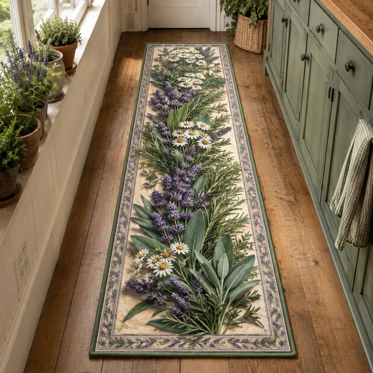 Wildflower Herb Garden Walk runner rug with a dimensional printed design in a herb garden setting