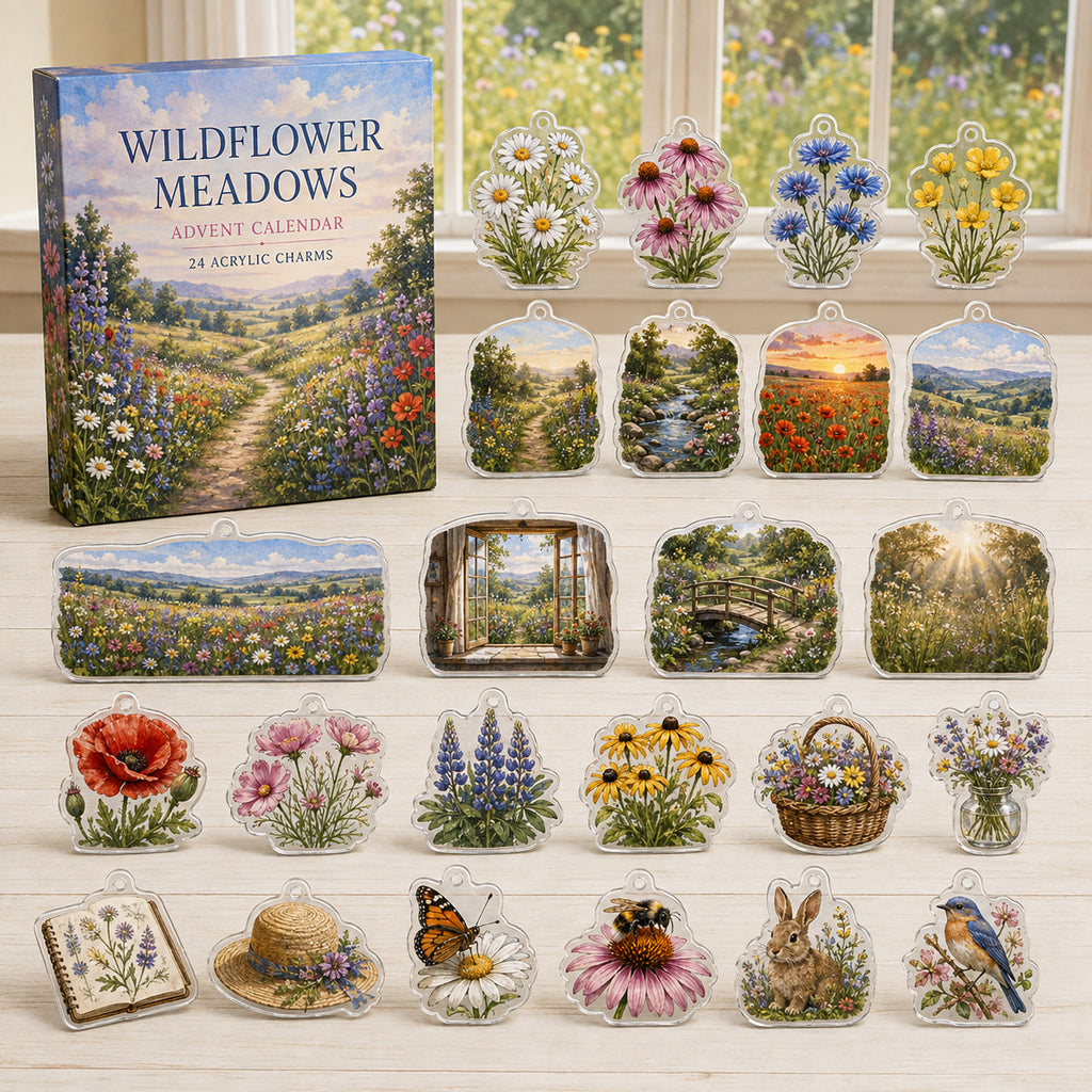 Wildflower Meadows advent calendar box and 24 printed acrylic nature charms