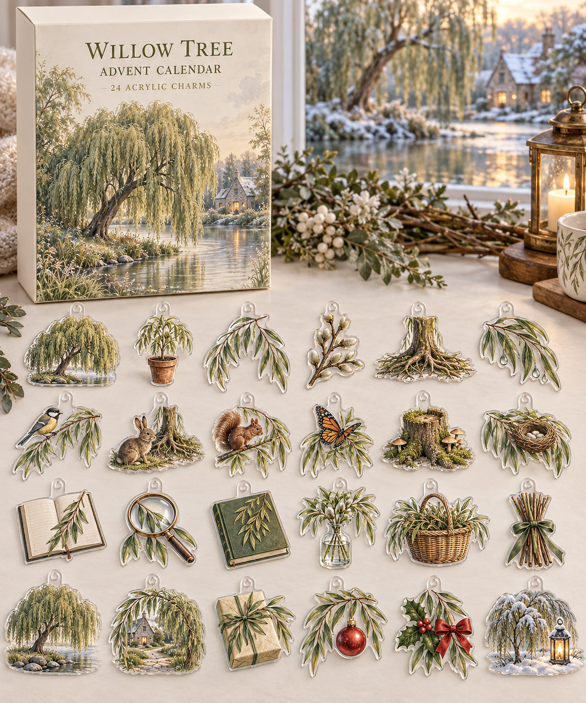 Willow Tree advent calendar with 24 custom-shaped flat acrylic charms and printed dimensional artwork