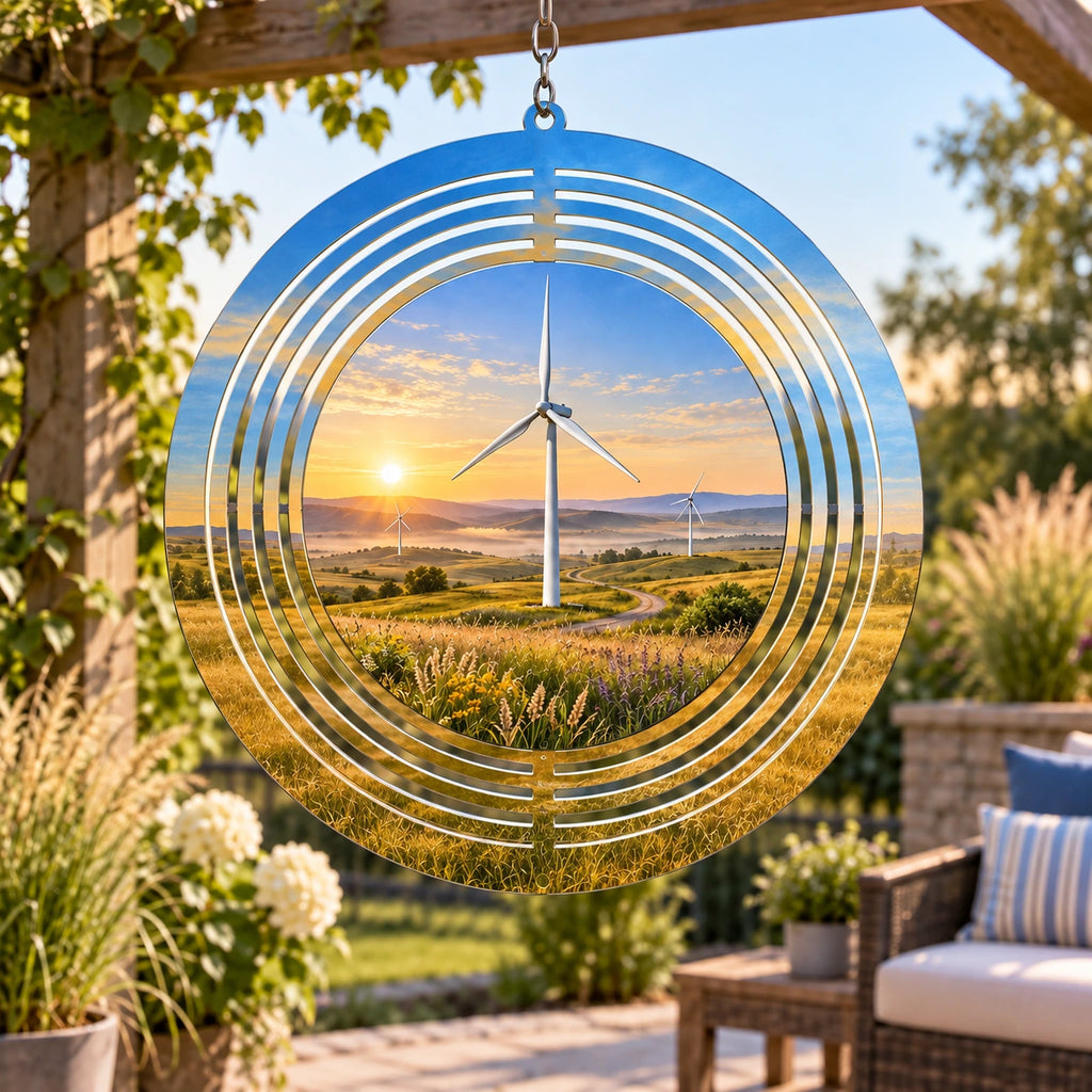 Wind Turbine Prairie Sunrise Wind Spinner with original printed optical 3D artwork