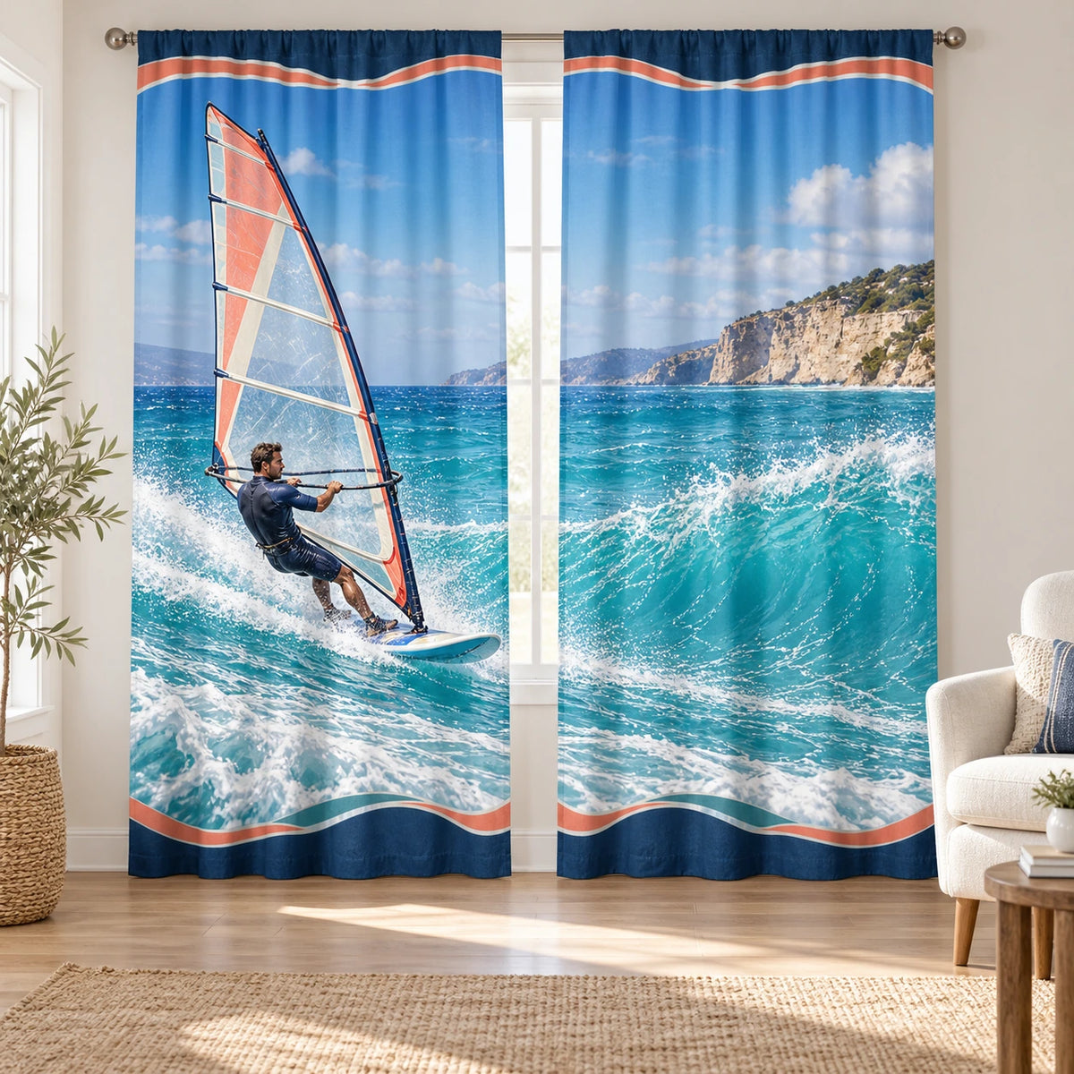 Windsurfing Turquoise Bay Window Curtain Pair with original printed optical 3D artwork