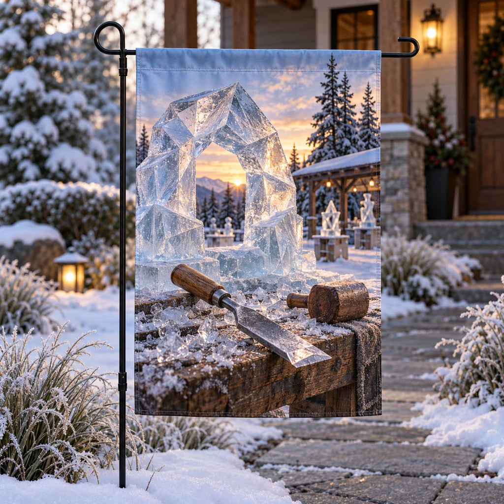 Ice sculpting tools and a deep faceted ice arch printed on a polyester garden flag at a snowy garden entrance.