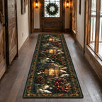 Winter Pine Lantern Walk runner rug with a dimensional printed design in a christmas woodland setting