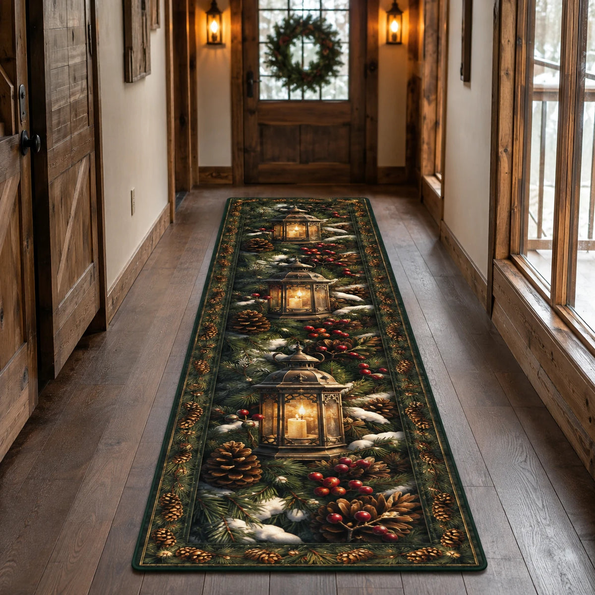 Winter Pine Lantern Walk runner rug with a dimensional printed design in a christmas woodland setting