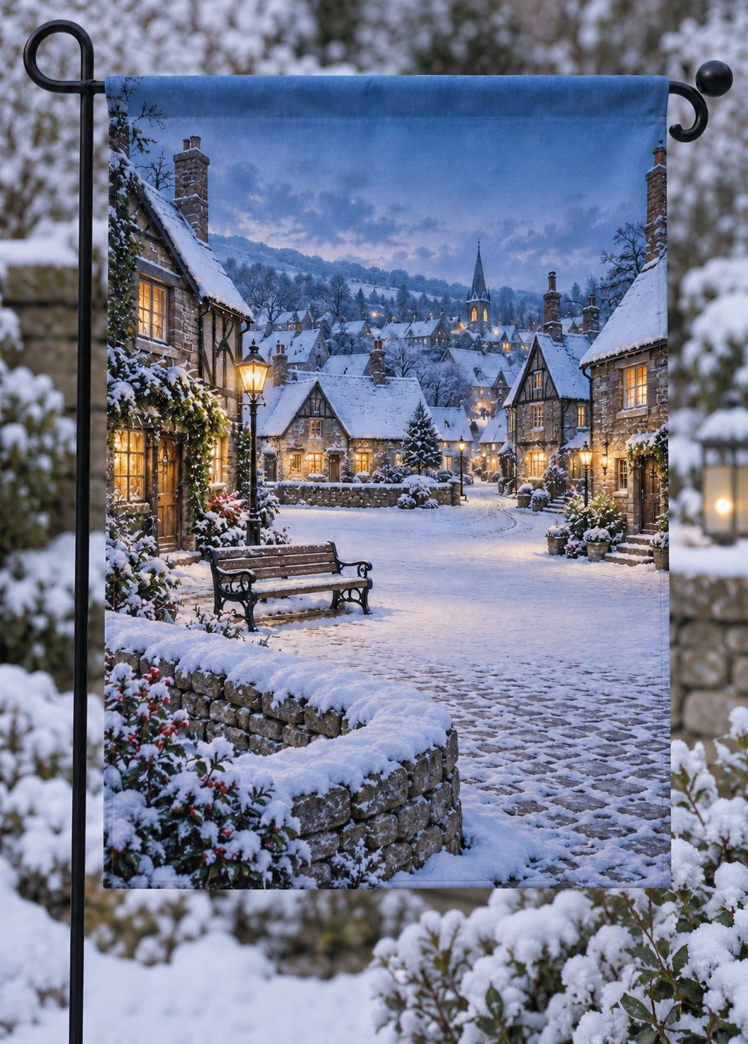Winter Village Square Garden Flag with flat printed stone curb, bench and snowy village depth; stand not included.