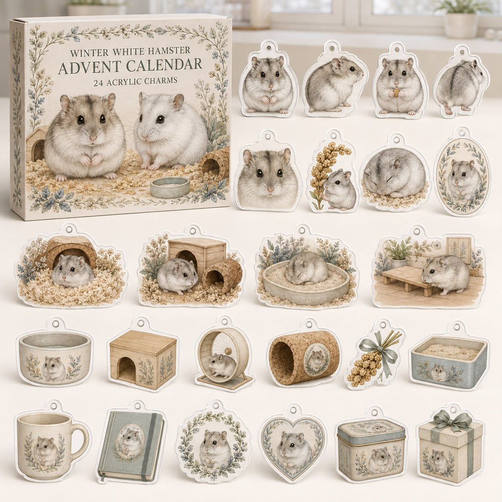 Winter White Hamster advent calendar box with 24 themed printed acrylic charms