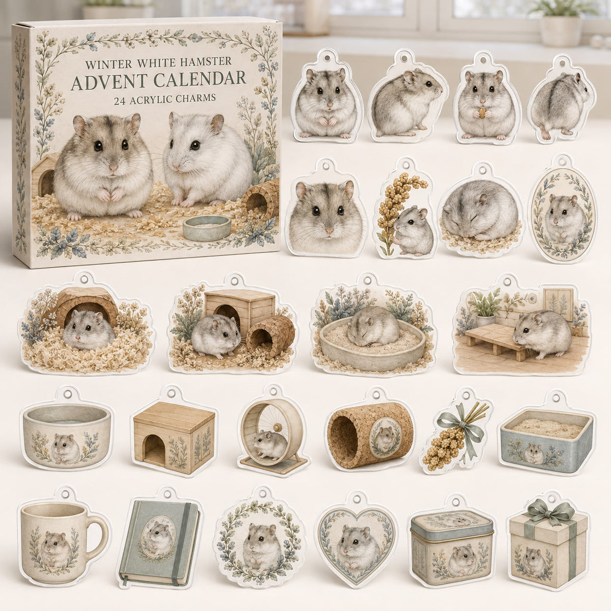 Winter White Hamster advent calendar box with 24 themed printed acrylic charms