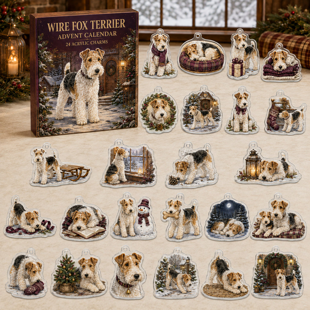 Wire Fox Terrier advent calendar box and 24 illustrated acrylic charms displayed on an ivory tabletop in a winter setting
