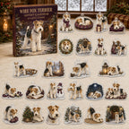 Wire Fox Terrier advent calendar box and 24 illustrated acrylic charms displayed on an ivory tabletop in a winter setting
