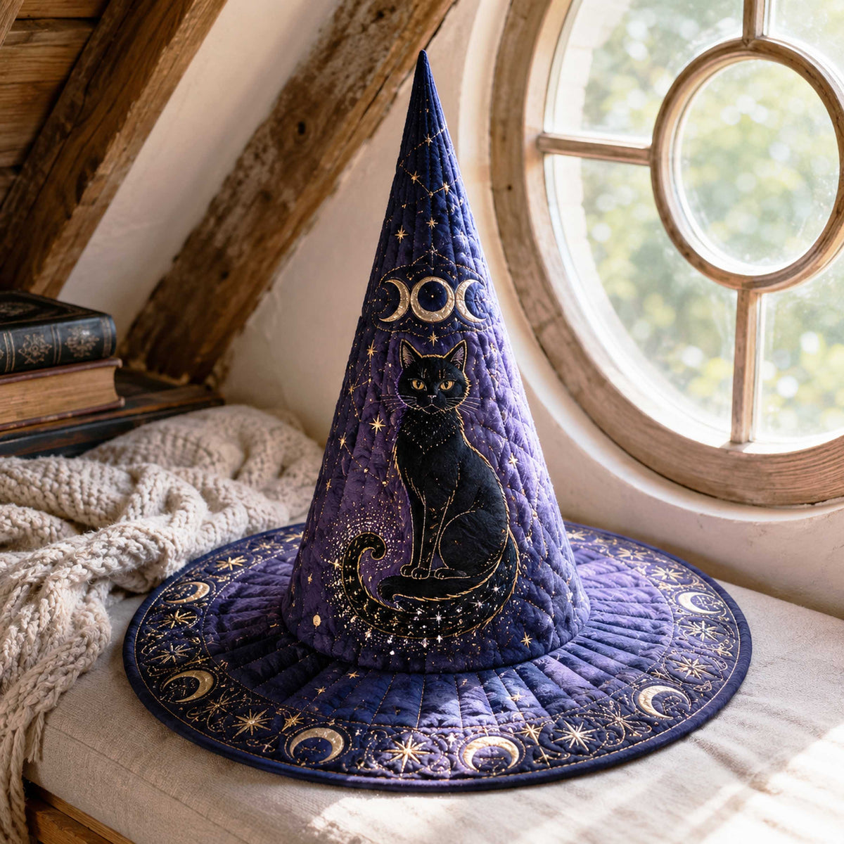 Witch Hollow quilted witch hat, all-over print on cone and brim