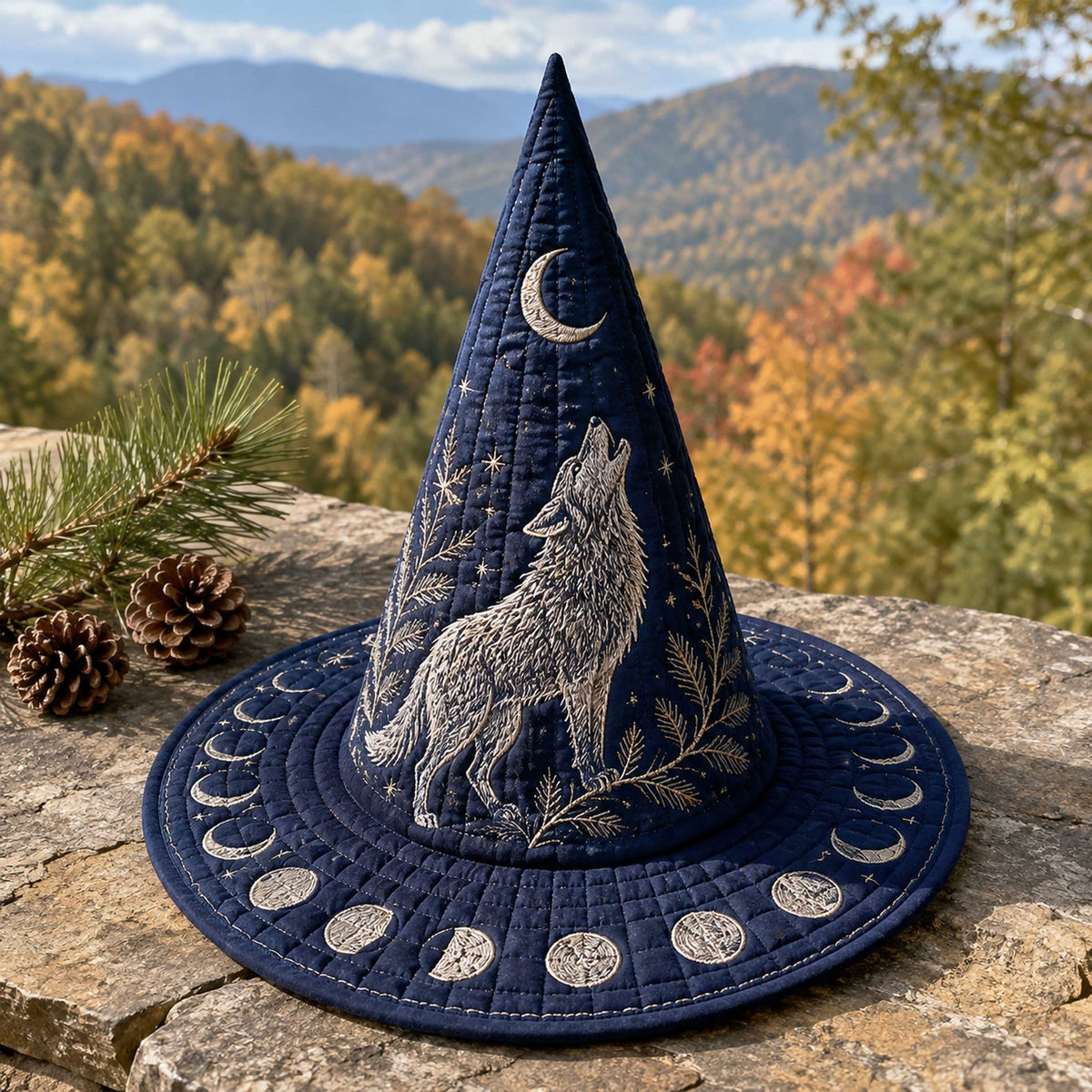 Witch Shadow quilted witch hat, all-over print on cone and brim