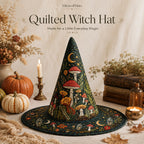 Quilted witch hat with mushroom and moon embroidery on an autumn table