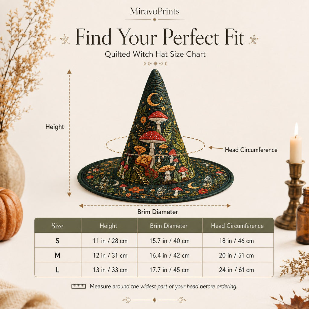 Quilted witch hat size chart for S, M and L