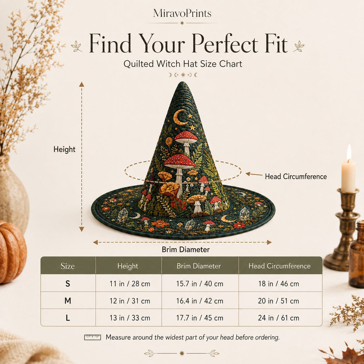 Quilted witch hat size chart for S, M and L