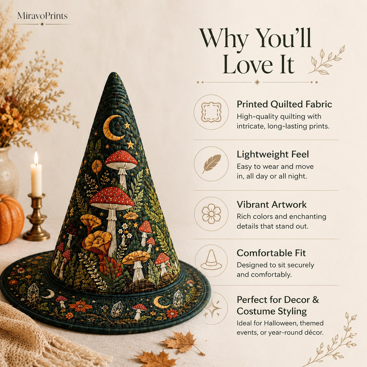 Quilted witch hat features: printed fabric, lightweight, vibrant artwork