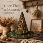 Quilted witch hat displayed as seasonal decor with candles