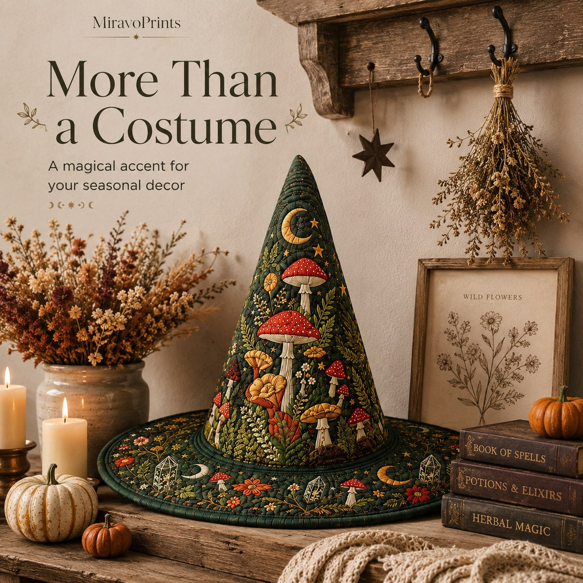 Quilted witch hat displayed as seasonal decor with candles