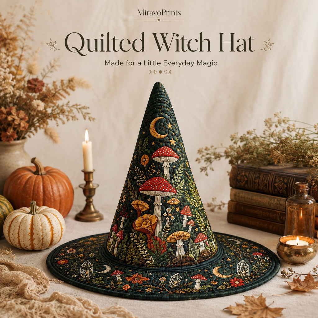 Quilted witch hat with mushroom and moon embroidery on an autumn table