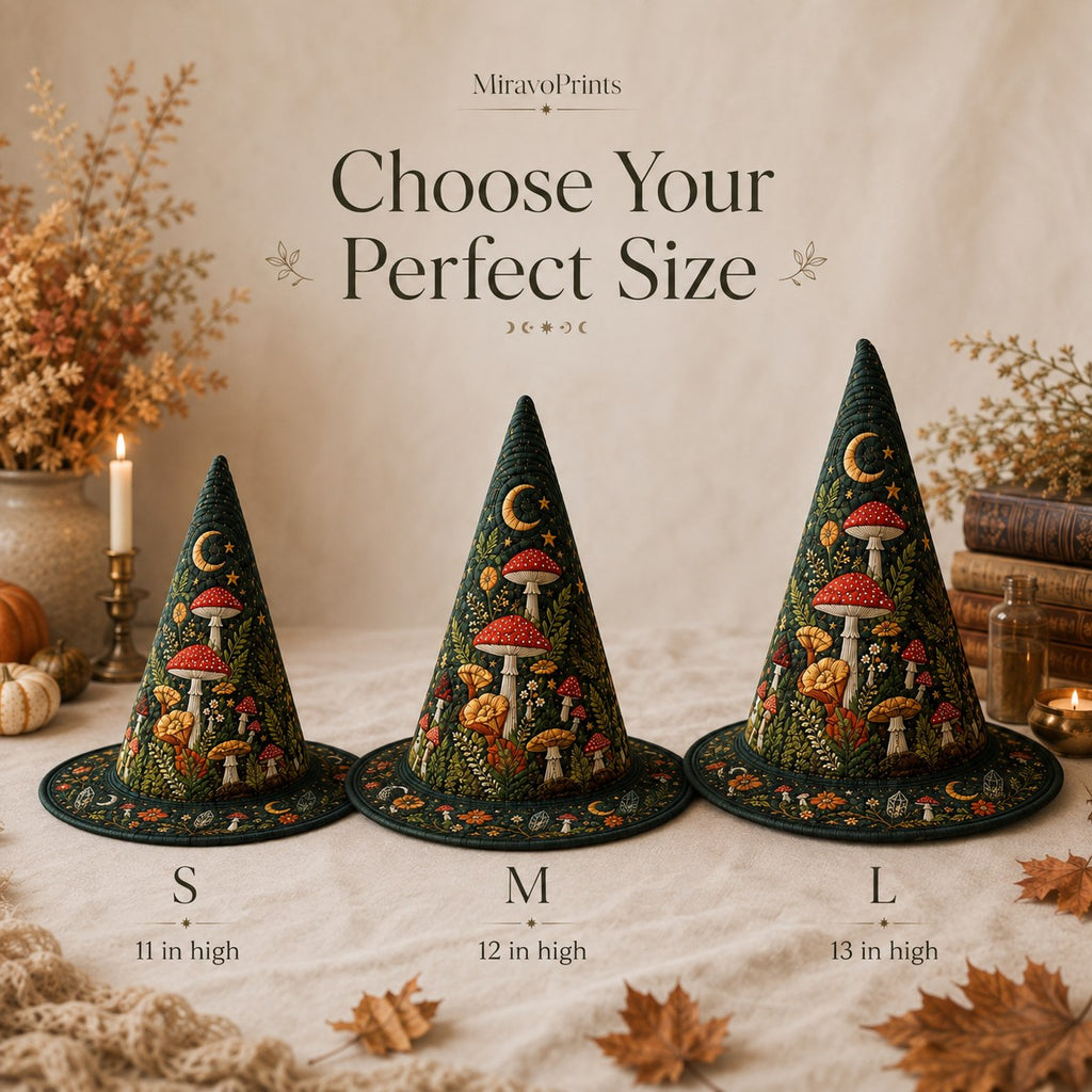 Three quilted witch hats showing S, M and L heights