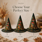Three quilted witch hats showing S, M and L heights