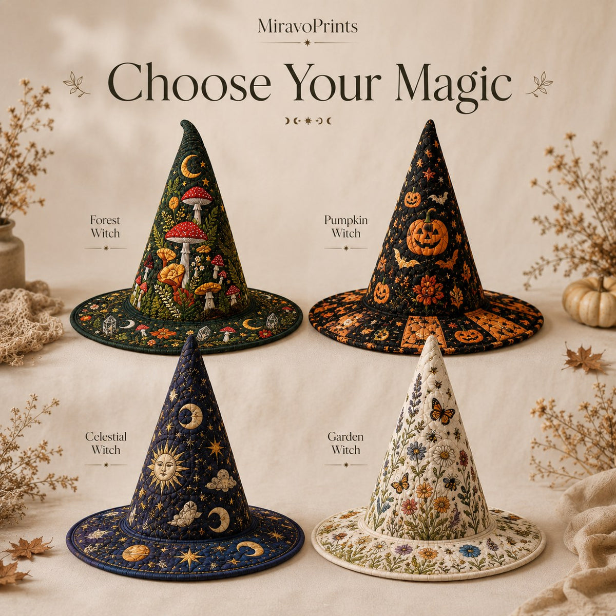 Four quilted witch hat designs: forest, pumpkin, celestial and garden