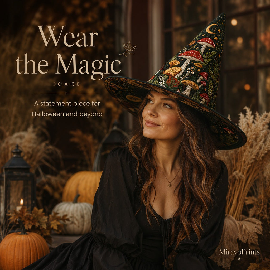 Woman wearing a quilted witch hat outdoors among pumpkins
