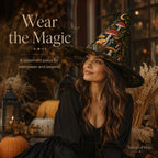 Woman wearing a quilted witch hat outdoors among pumpkins