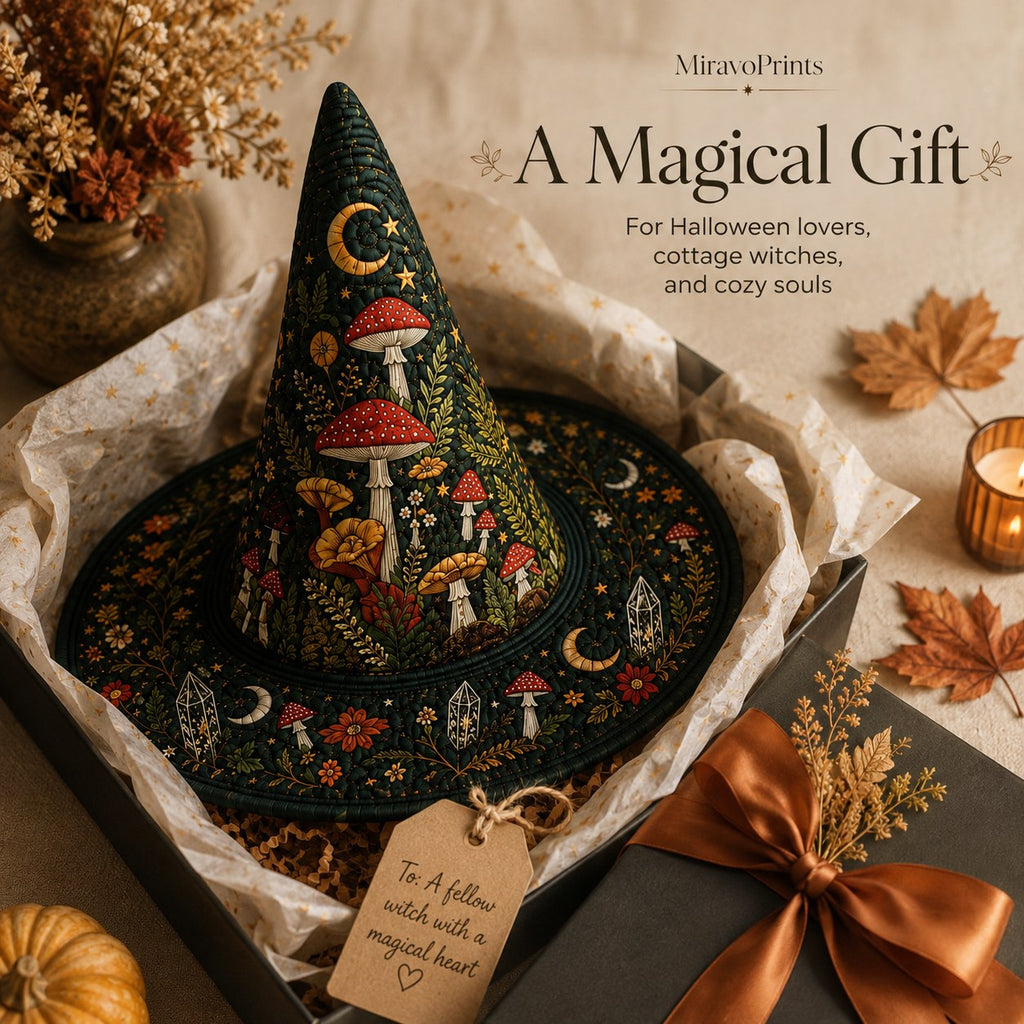 Quilted witch hat packed in a gift box with a gift tag