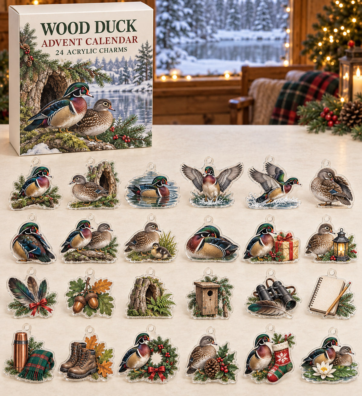 Wood Duck advent calendar with 24 custom-shaped flat acrylic charms and printed dimensional artwork
