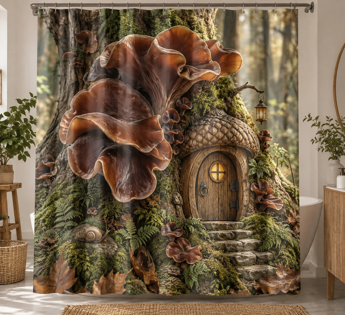 Wood Ear Acorn Doorway Shower Curtain with printed dimensional artwork