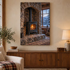 Wood Stove Corner printed stretched canvas with deep stone alcove, glowing stove and snowy woodland window, displayed in a lodge room.