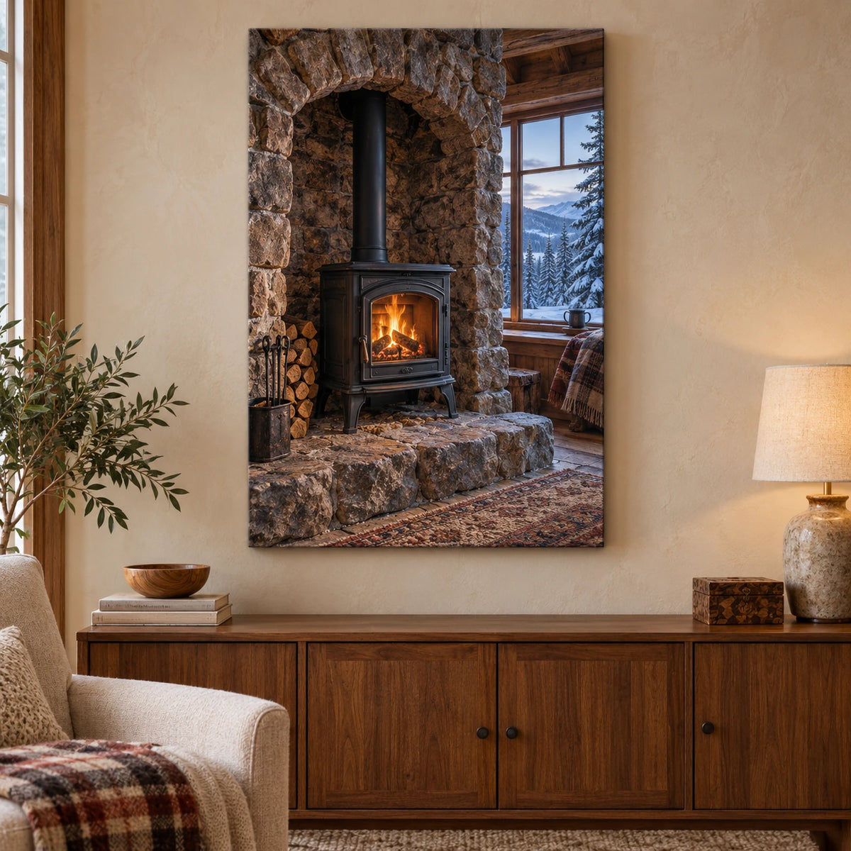 Wood Stove Corner printed stretched canvas with deep stone alcove, glowing stove and snowy woodland window, displayed in a lodge room.
