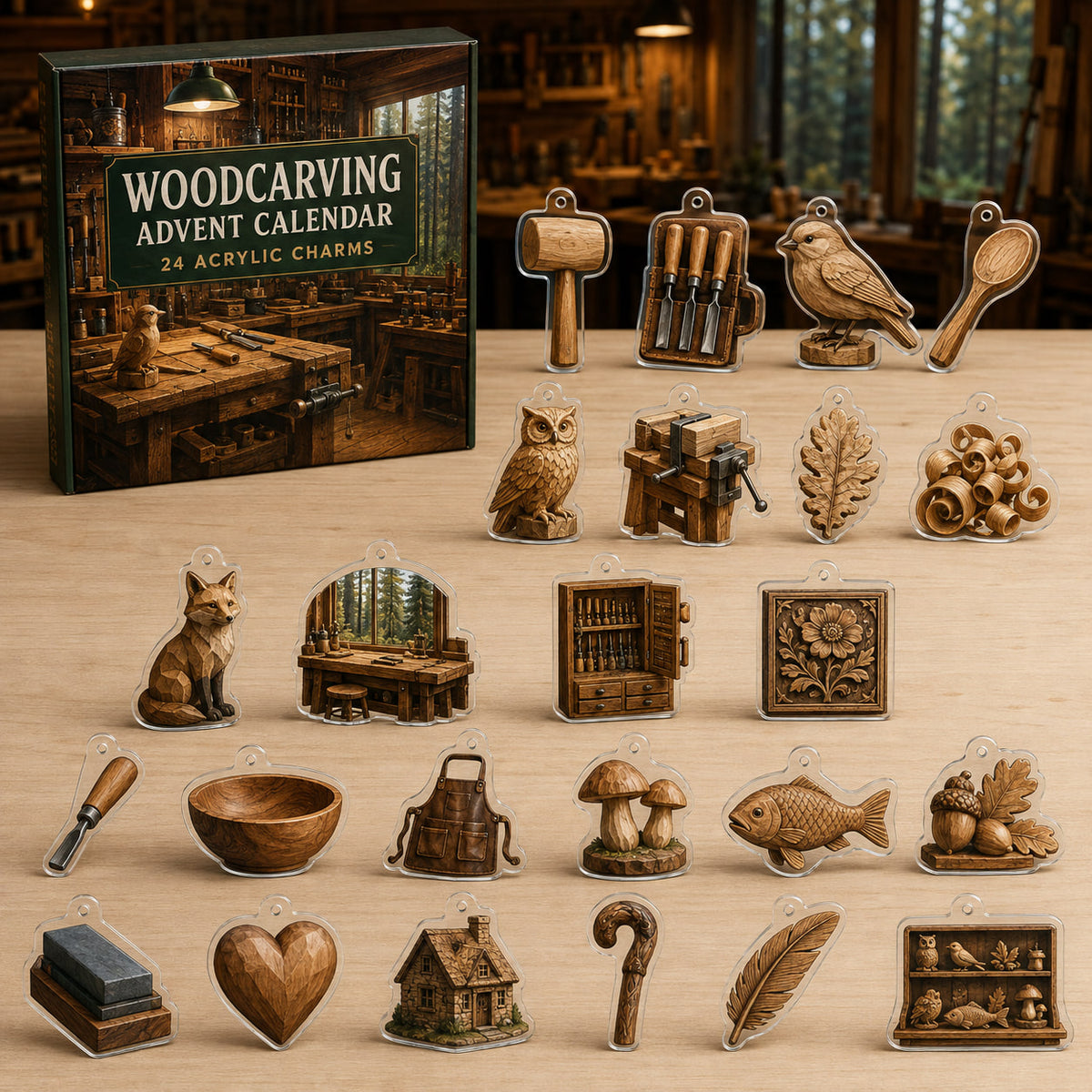 Woodcarving advent calendar box with 24 varied printed acrylic charms in a themed workshop setting
