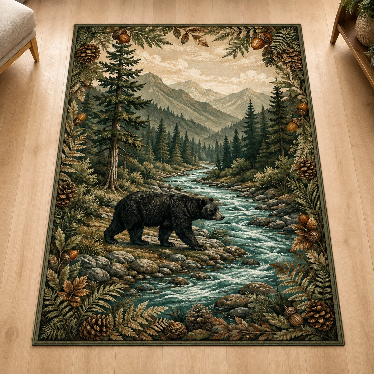Black bear beside a winding turquoise river and pine forest, with pinecone and fern border on a printed area rug.