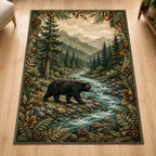 Black bear beside a winding turquoise river and pine forest, with pinecone and fern border on a printed area rug.