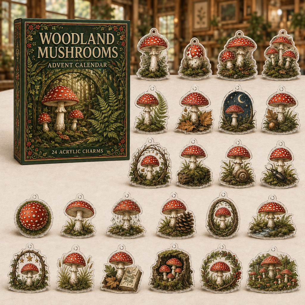 Woodland Fly Agaric Mushrooms advent calendar gift box with 24 illustrated acrylic charms arranged on a light tabletop