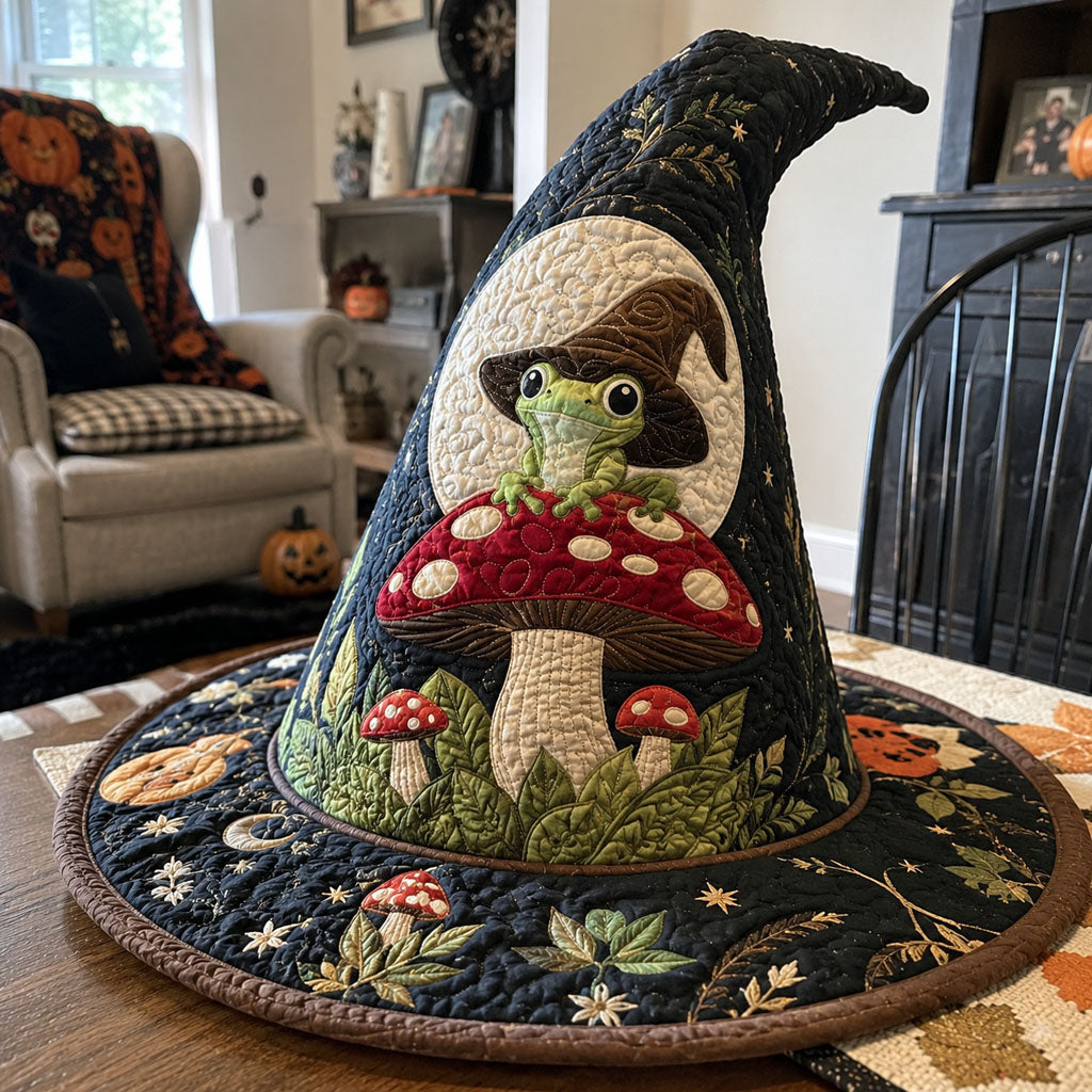 Woodland Fungi quilted witch hat, all-over print on cone and brim